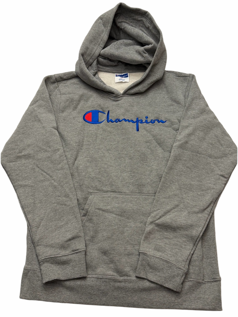 Champion Gray Hoodie Blue Script Red Emblem Youth Unisex XL Sporty